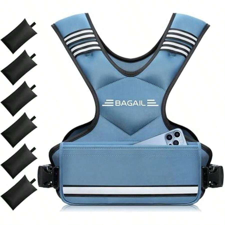 BAGAIL Adjustable Weighted Vest 4-10lb/12-18lb/20-32lb, Comfortable X-Shape & U-Neck Weight Vest For Women And Men Walking With 6 Removable Weights, Large Pocket And Reflective Strips - 4-10 LB-Blue - 查看 1