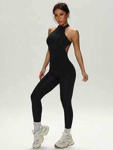 1pc Women's Jumpsuit, Spring/Summer Sports Bodysuit, One-Piece Outfit, Yoga/Fitness/Dance Wear, Removable Cup, Sexy Open Back, Shaping Waist & Abdomen, Soft & Comfortable Fabric, Suitable For Sports, Outdoor, Yoga, Gym, Dance, Casual, Home, Party & Holiday - Black - View 1