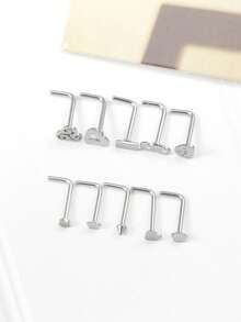 10件/套 不锈钢L型鼻钉，可爱爱心、星星、花朵混合设计，低过敏性鼻部穿孔饰品，适合女性日常佩戴 - 10pcs鼻釘 - 查看 6