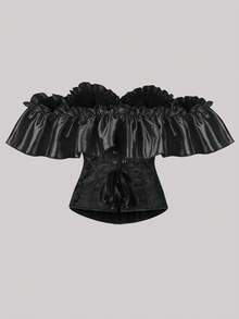 Whisplicity Women's Elegant Floral Ruffle Trim Crop Top, Sexy Black Fitted Top For Summer, Birthday Party, Off-Shoulder, Street Style - Black - View 4