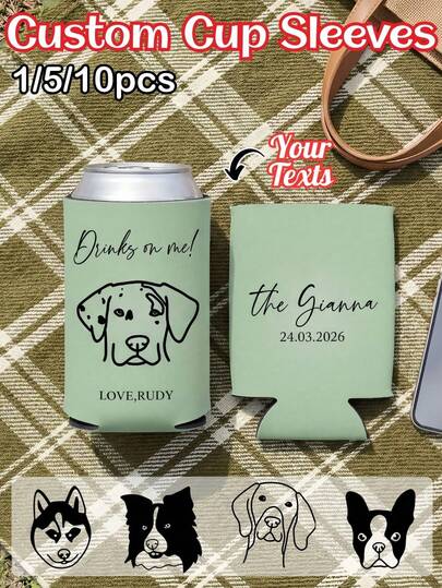 Bộ 1/5/10 chiếc vỏ bọc lon giữ lạnh in hình chân dung chó theo yêu cầu, vỏ bọc lon bia bằng neoprene cách nhiệt với chữ và tên thú cưng được cá nhân hóa, vỏ bọc giữ lạnh đồ uống chất lượng cao, nhiều lựa chọn giống chó, hoàn hảo cho người yêu chó, lễ Phục sinh, Ngày của Mẹ, Ngày của Cha, sinh nhật, đám cưới, lý tưởng làm quà tặng thú cưng, quà tặng tiệc tùng, vỏ bọc lon bia và sử dụng hàng ngày.