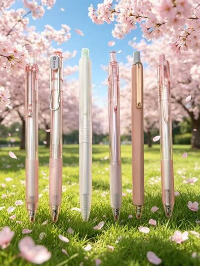 6支粉色按压式凝胶笔，精美黑色墨水伸缩圆珠笔，礼品
