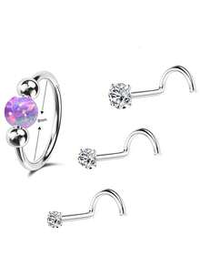 Bộ 4 khuyên mũi bạc đính đá Opal hình chữ S, đá CZ 1.5-3mm, chất liệu thép không gỉ, không gây dị ứng, cỡ 18G, thích hợp cho nữ và thiếu nữ, dùng để xỏ lỗ mũi, vách ngăn mũi và sụn tai. - Bạc - Xem 12