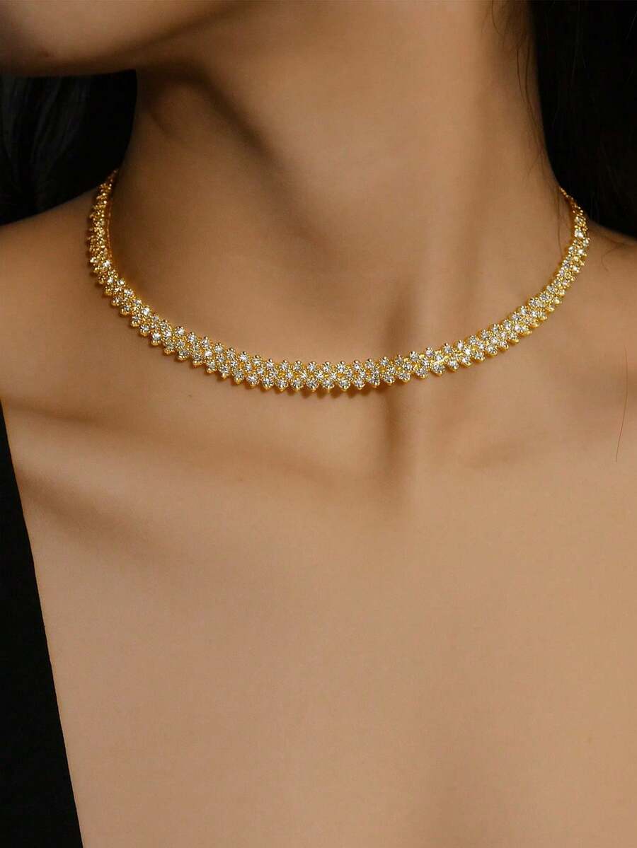 1pc Fashionable Gold Rhombus Crystal Necklace, Multi-Layer Diamond Chain Necklace For Women, Everyday Wear - Gold - View 1