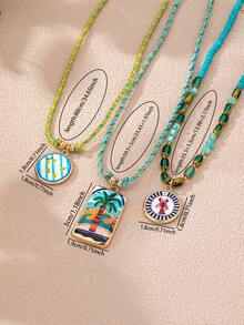 Juego de 3 collares boho de capas para mujer, collares de cadena de cuerda tejida a mano con colgante de esmalte, joyería bohemia de estilo tropical para uso diario - Conjunto de collar con colgante de cuerda tejida a mano - Ver 3