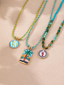 Juego de 3 collares boho de capas para mujer, collares de cadena de cuerda tejida a mano con colgante de esmalte, joyería bohemia de estilo tropical para uso diario - Conjunto de collar con colgante de cuerda tejida a mano - Ver 4