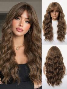 22 Inch Long Water Wave Wigs With Medium Part Bangs For Women, Honey Brown Synthetic Wig, Heat Resistant Natural Looking Curly Fake Hair For Daily Party Cosplay - Brown - View 3