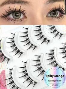 Asiteo 5 Pairs Spiky Manga Long False Eyelashes - Transparent Stem, Perfect For Cosplay & Daily Use, Anime Eyes Cosplay Lashes, Realistic Eyelashes - Black - View 2