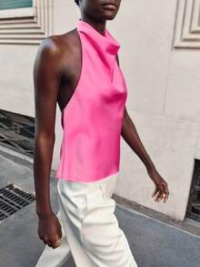 Women Satin Halter Tops Open Back Hidden Button Crop Tops Elegant Cowl Tank Tops Summer Sleeveless Loose Vests Solid Color Going Out Shirt Streetwear - màu hồng tươi - Xem 1