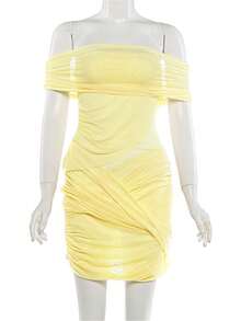 Kliou Sexy One-Shoulder Dress Women Multi-Layer Sexy Contrast Mesh, Fashion Party Birthday Vacation Mini Fitted Dress Elegant Summer - Yellow - View 8