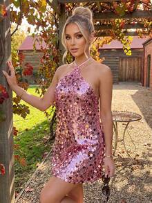 Women's Halter Mini Dress Sparkly Sequin Sleeveless Backless Dress For Party Date Night Wear - 粉色 - 查看 3