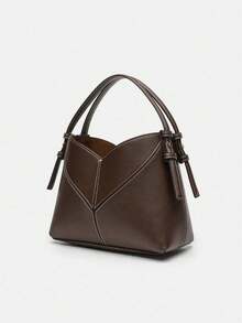 Women Two-Tone Design Mini Canvas Tote Bag, Fashion Shoulder Hand Bucket Bag - Coffee - View 3