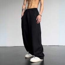 Men's Baggy Wide Leg Cargo Pants, Casual, Comfortable, Lined, Plain - 黑色 - 查看 2