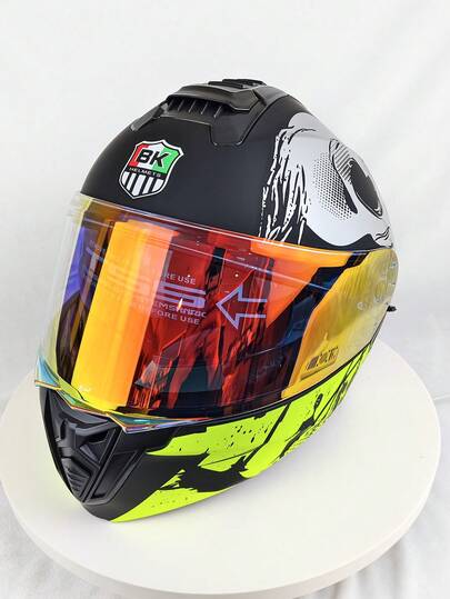 Nuevo casco de motocicleta, material ABS con visera colorida, antivaho y a prueba de viento, calavera con graffiti en color verde fluorescente y negro, adecuado para conducción de motocicleta, viajes y carreras, con diseño integrado a la moda