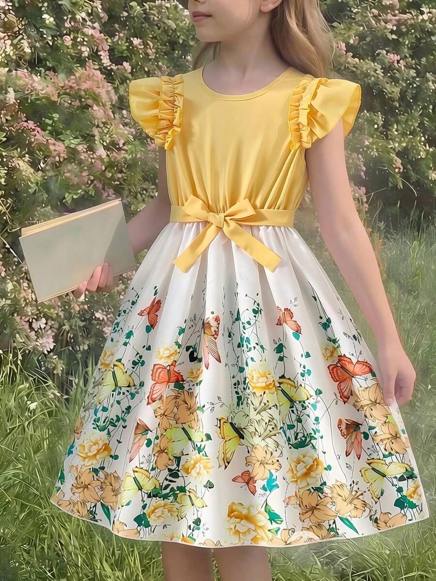 Girls' Ruffle Hem Digital Print Splice Waist Dress With Belt - Yellow - View 1