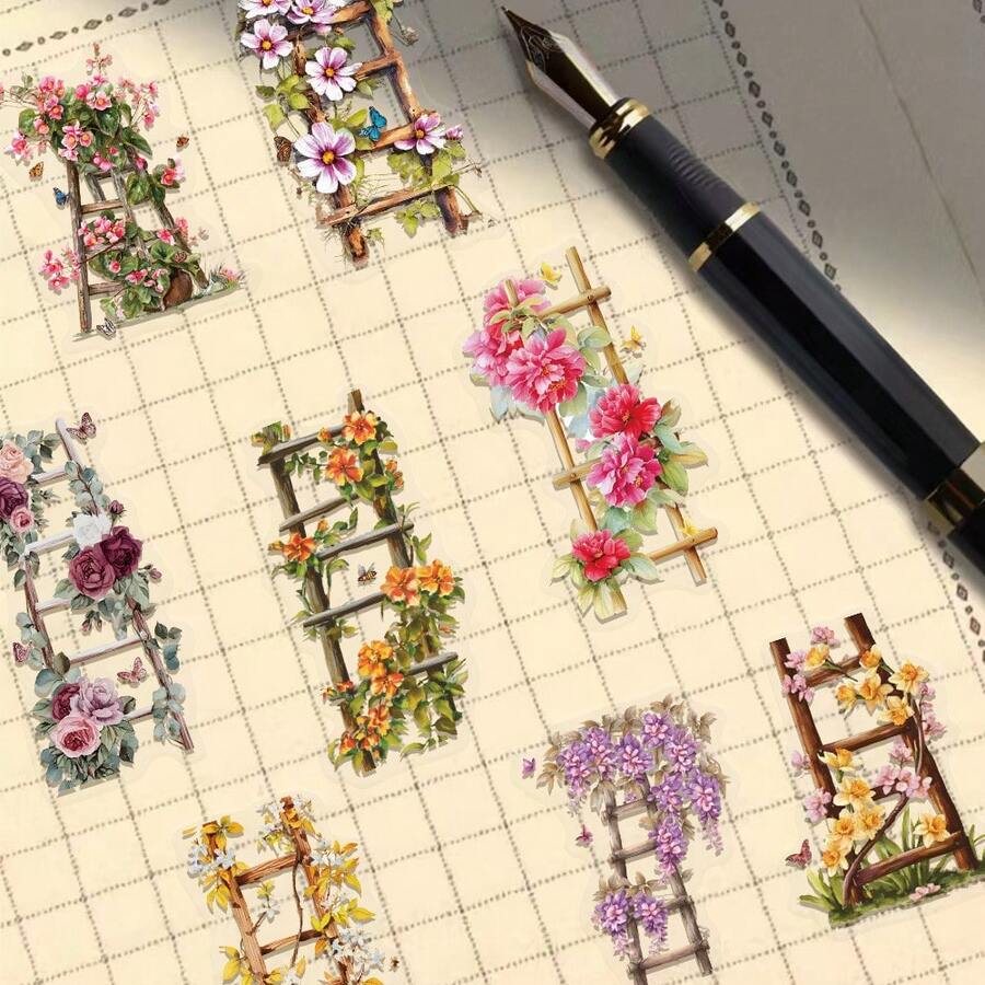 50pcs Flower Stair Stickers Decorative DIY Notebook Planner Tablet Luggage Computer Holiday Graffiti Stickers Self-Adhesive Sealing Stickers, Holiday Gift - View 1