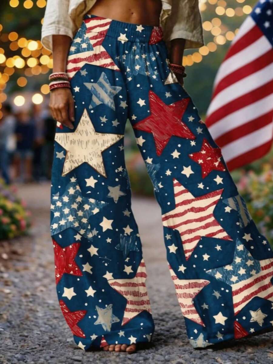 Women's Boho Long Wide Leg Pants, USA Flag Stars And Stripes Print, Woven Fabric With Pockets, Festival Chic For 250th Anniversary Of Independence Day - 多色1 - 查看 1