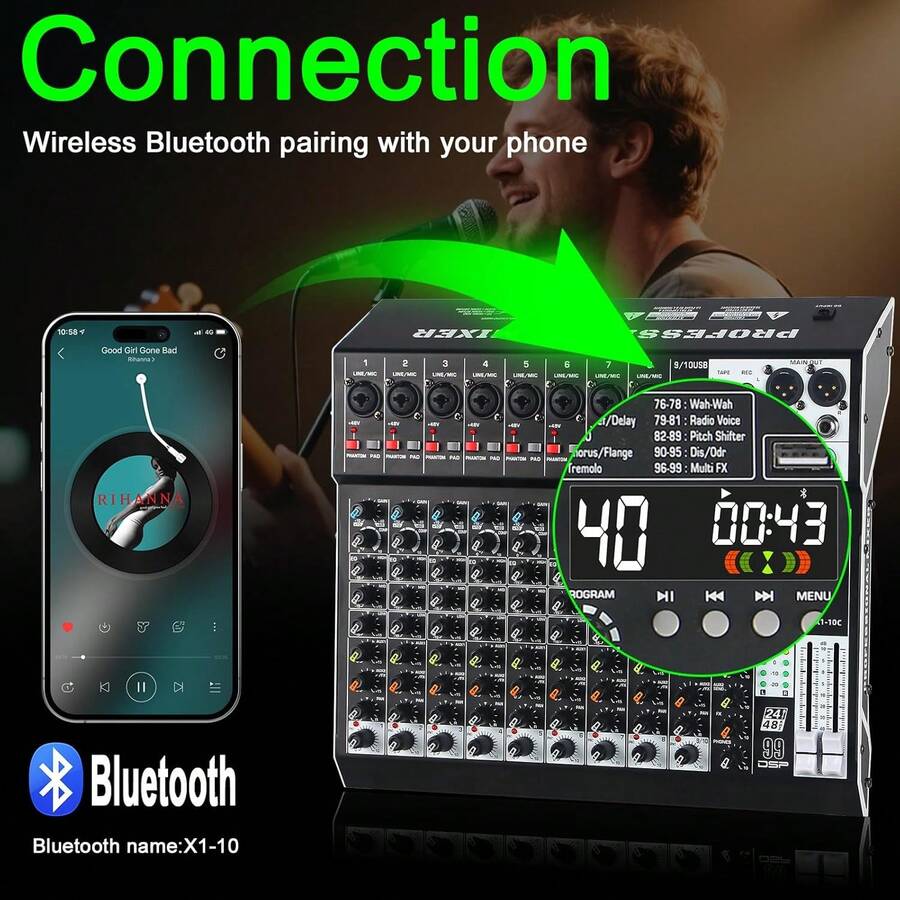 Audio Mixer,  10 Channel Professional Sound Mixer Console With 99 DSP Effects, Mixing Board DJ Mixer W/USB, Bluetooth, 48V Power Supply, PAD Button For Recording Karaoke PA Drum Live Music