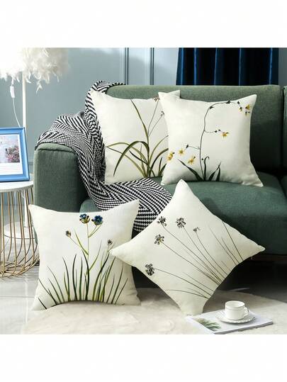 Bộ 4 vỏ gối in một mặt, kích thước 45*45cm, chất liệu lông ngắn, có thể tháo rời và giặt được, thiết kế cây xanh vẽ tay tối giản, phù hợp cho ghế sofa, phòng ngủ, chỗ ngồi cạnh cửa sổ.