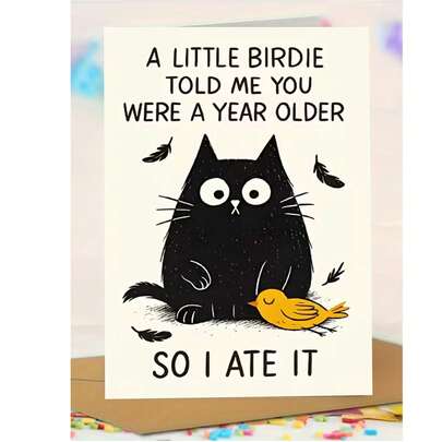 1 chiếc, Thiệp sinh nhật hình mèo đen ngộ nghĩnh "Chú chim nhỏ mách tôi". Bao gồm phong bì, giấy mờ cao cấp. Hình minh họa mèo và chim hoạt hình dễ thương. Hoàn hảo cho người yêu mèo - Thiệp hài hước độc đáo lý tưởng (12cm/4.7in X 17cm/6.7in)