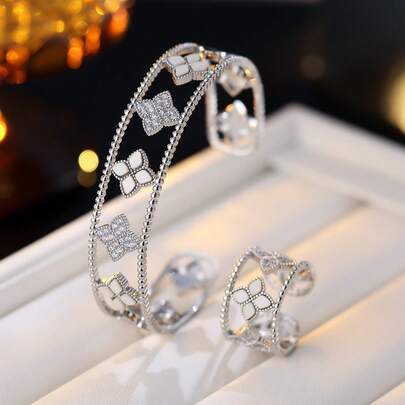 1 Set Delicate Four-Leaf Clover Hollow Bangle, Luxury Niche Design With Micro-Inlaid Zirconia, Fashionable And Elegant Accessory Suitable For Daily Wear, Gifting, Outings And Parties