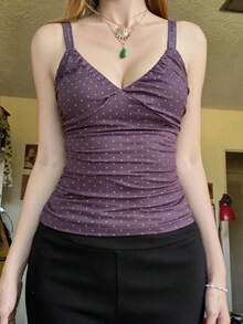 Áo hai dây nữ mùa hè Sunny Girly phong cách Y2K gợi cảm và dễ thương in họa tiết chấm bi, xếp ly, lý tưởng cho mùa tựu trường, dạo phố, đi làm và mặc ở nhà trong kỳ nghỉ. - Màu tím - Xem 9