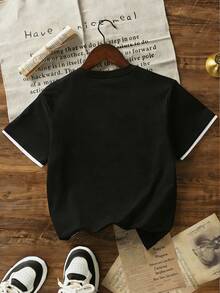 Boys Colorblock White Sleeve Pure Black Short Sleeve T-Shirt, Minimalist Round Neck Loose Fit Basic Kids T-Shirt - Black - View 4