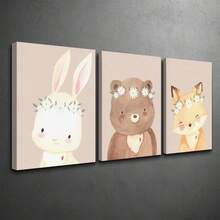 Charming 3pcs Unframed Canvas Wall Art Set - Daisy & Woodland Animals Theme, Boho Style Bunny, Bear, Fox Prints. Home Decor Suitable For All Occasions, Ideal New Year's And Valentine's Day Gifts, Room Decor Aesthetics, Wall Art, Perfect Gifts, Living Room Decor, Bedroom Decor, Kitchen Decor, Entryway Decor - 111 - View 6