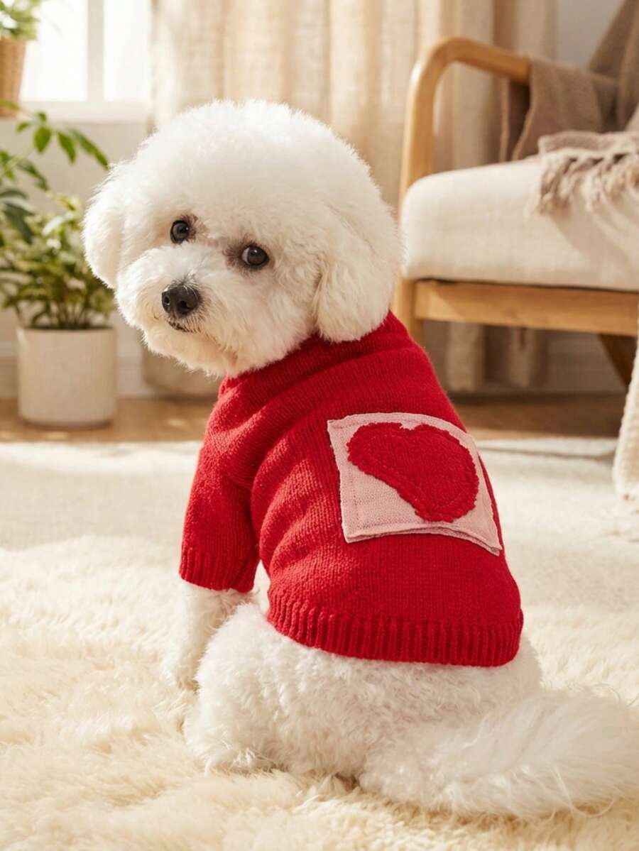 PETSIN 1 件宠物服装，适合猫、狗和其他宠物穿着，红色刺绣心形图案雪尼尔线服装，宠物情人节服装 - 紅色 - 查看 1