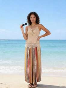 Solstice Apparel Retro Colorful Stripe Wide Leg Pants, Draping Flowy Loose Beach Pants, Travel Photo Outfit Spring - Multicolor - View 3