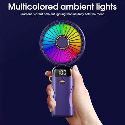 Ventilador de mano/cuello/escritorio recargable por USB a 90°, con luces de colores, pantalla digital, silencioso para oficina, dormitorio, exterior, fiesta en la playa, regalo