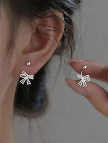 1 Đôi bông tai hình nơ rỗng bằng bạc Sterling S925, kiểu dáng tinh tế, ngọt ngào, phong cách nữ tính, độc đáo, cá tính, thời trang Y2K dành cho nữ - nơ - Xem 2