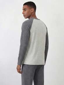 Snug League 2 piezas Conjunto de pijama de hombre de manga larga y cuello redondo de algodón + pantalones, ropa de estar en casa transpirable y que absorbe la humedad para primavera y otoño, ropa de otoño e invierno - Beis - Ver 4