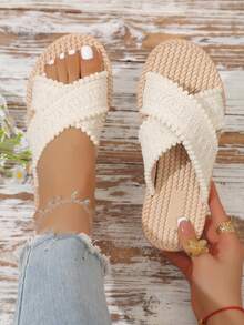 Classic Woven Texture Women's Slippers Soft Sole Comfortable Non-Tiring Indoor/Outdoor Use Breathable Spring/Summer Home/Outing Dual-Use One-Strap Slides - Beige - View 1