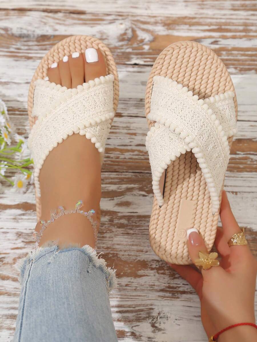 Classic Woven Texture Women's Slippers Soft Sole Comfortable Non-Tiring Indoor/Outdoor Use Breathable Spring/Summer Home/Outing Dual-Use One-Strap Slides - Beige - View 1