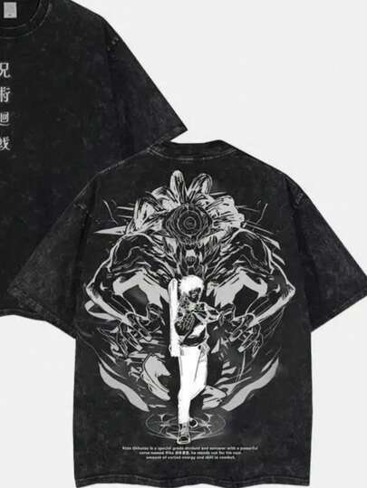 Vintage-Style Anime Washed Men's T-Shirt, Fantasy-Themed Double-Sided Print Anime T-Shirt, Perfect T-Shirt For Anime Fans/Comic Lovers, Ideal For Themed Cosplay Parties, Casual Streetwear, Cosplay