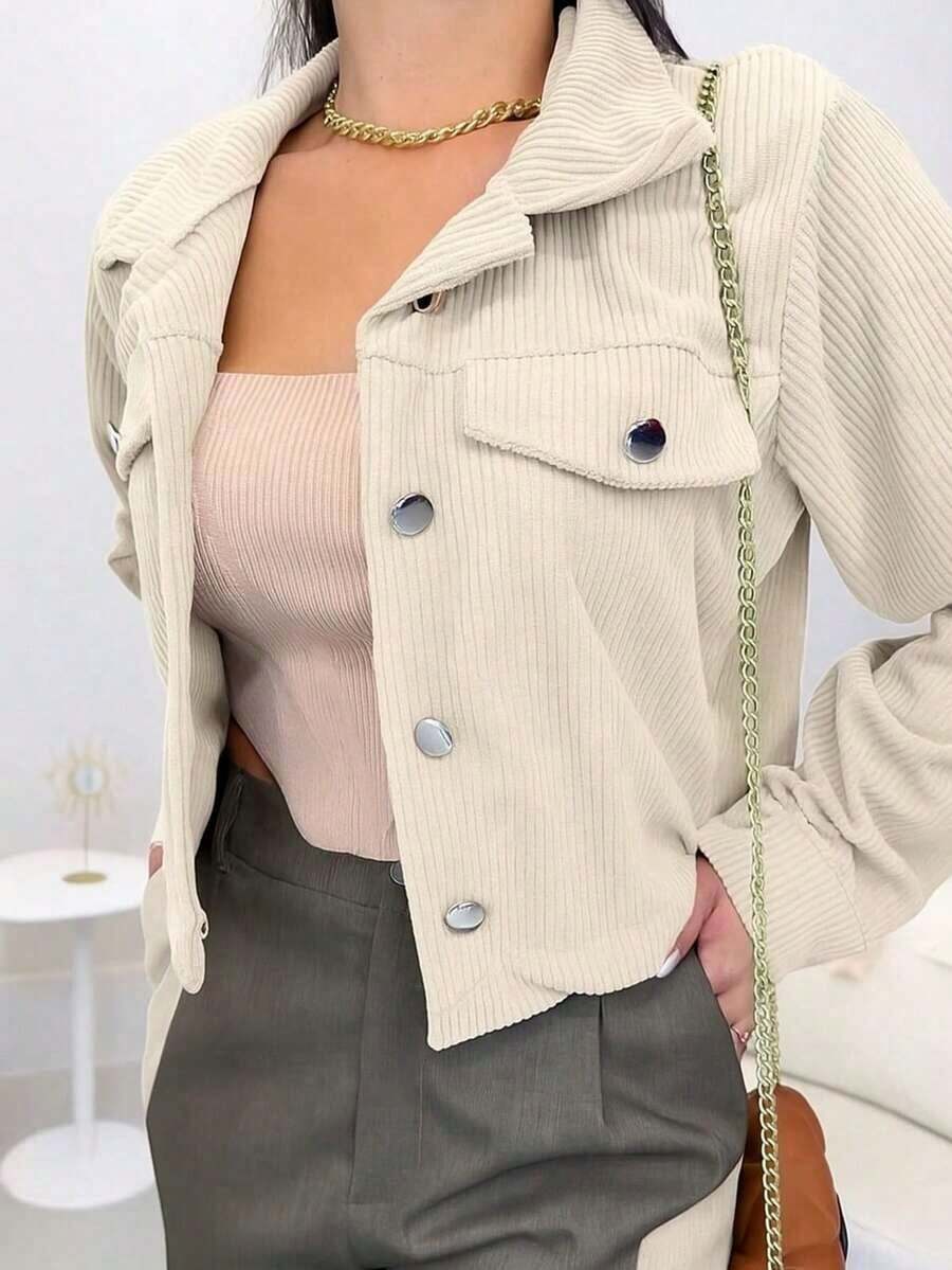 Stylish Casual Women's Corduroy Jacket With Front Buttons And Faux Pockets - Autumn/Winter Fashion - 米色 - 查看 1