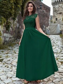 MIUSOL Floral Lace Short Sleeve Chiffon Satin Waist Formal Party Maxi Dress, Elegant Women's Party Gown, Ball Gown, Wedding Guest Dress, Graduation Ceremony Dress, Evening Gown Summer - Dark Green - View 6