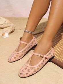 女士T字带搭扣网布刺绣圆头甜美透气平底鞋，粉色蕾丝玛丽珍凉鞋，沙滩度假鞋 - 粉色 - 查看 4