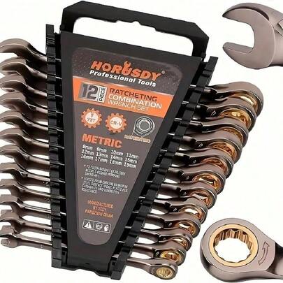 12pcs Metric Ratchet Wrench Set, 8-19mm Ratchet Combination Wrench With Organizer, 72 Teeth Chrome Vanadium Steel