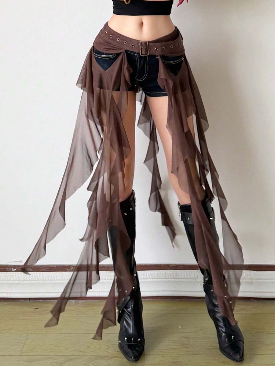 Women's Mesh Patchwork Ruffle Hem Casual Versatile Date Night Skirt - Brown - View 1