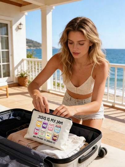 卡通瓶子耶稣信仰图案拉链化妆包，时尚可爱假日旅行包，可重复使用的涤纶化妆包，可装口红、手机配件 | 轻便拉链密封口袋