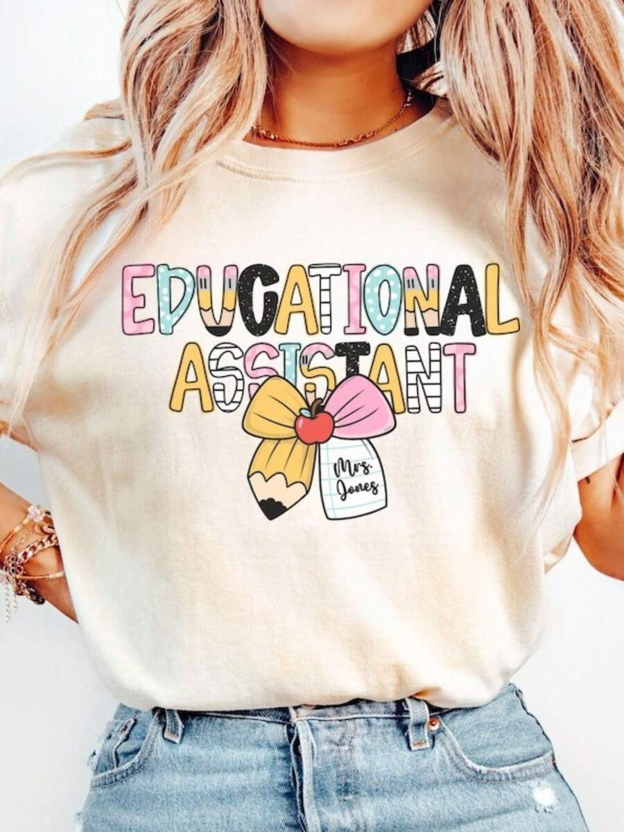 1pc Personalized Educational Assistant Teacher Coquette Bow Shirt, Custom Assistant Teacher Tee, Back To School T-Shirt, Teacher Appreciation, 100% Cotton, S-2XL - trắng - Xem 1