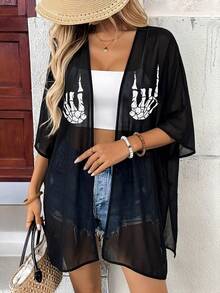 女士黑色骷髅手印花沙滩罩衫，开襟蝙蝠袖弧形下摆雪纺薄纱和服式度假风 - 黑色 - 查看 5