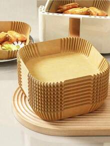 50/150 件，一次性空气炸锅内胆（7.87 英寸），方形和圆形纸质空气炸锅内胆锅，纸篮碗，烤盘海鲜煮 - 米色 - 查看 2