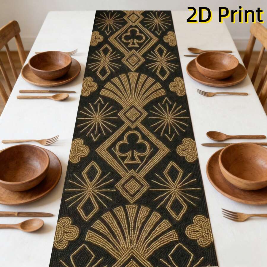 1pc Retro Luxury Black Gold Geometric Table Runner - American Art Deco Dining Table Decor Cloth, Linen-Feel Material, Ideal For Holiday Meals And Outdoor Parties, Suitable For Home Dining Room, Restaurant, Kitchen, Party Table Decoration - Black Gold - View 1