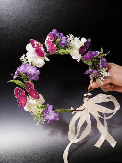 1pc Artificial Butterfly Flower Boho Bridal Wreath, Romantic Tassel Pearl Decor For Wedding Season