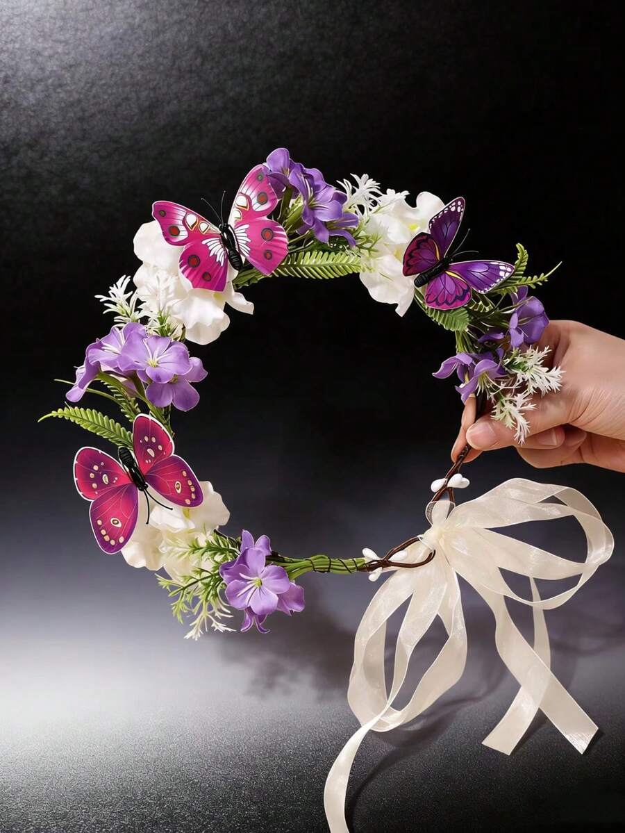 1pc Realistic Butterfly Bohemian Floral Wreath, Romantic Bridal Wedding Decor (Butterfly Pattern And Shape Are Randomly Selected, Special Craftsmanship, Please Purchase Carefully),Travel,Birthday - Purple - View 1
