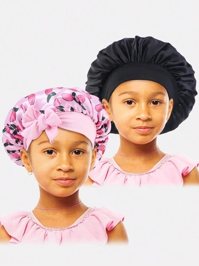 2pcs Printed Elastic Ribbon Decor Children's Round Cap, Suitable For Daily Use
