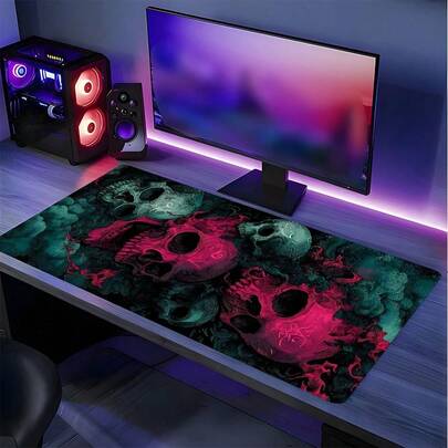 YUFZX Red & Green Gothic Skull Smoke Dark Aesthetic XXL Extended Gaming Mouse Pad, Large Desk Mat With Non-Slip Rubber Base, Stitched Edges Washable Tabletop Pad, Ideal For Gaming Setup Home Office, Perfect Gift For Gamers And Gothic Skull Aesthetic Enthusiasts
